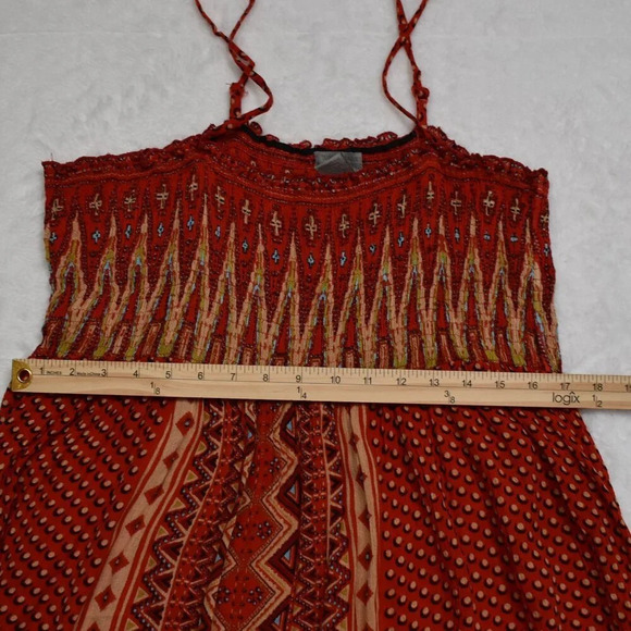 World Market Boho Maxi Dress Sz M Smocked Tiered Flowy Southwestern Tribal Aztec - Picture 12 of 14